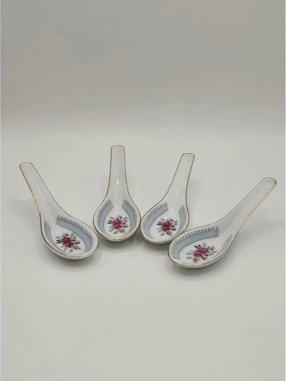 Cathay Porcelain Soup Spoons Set‎ of 4 Floral Rose Gold Trim China